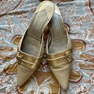 Talbots mules. Tan fabric with gold metallic accents.